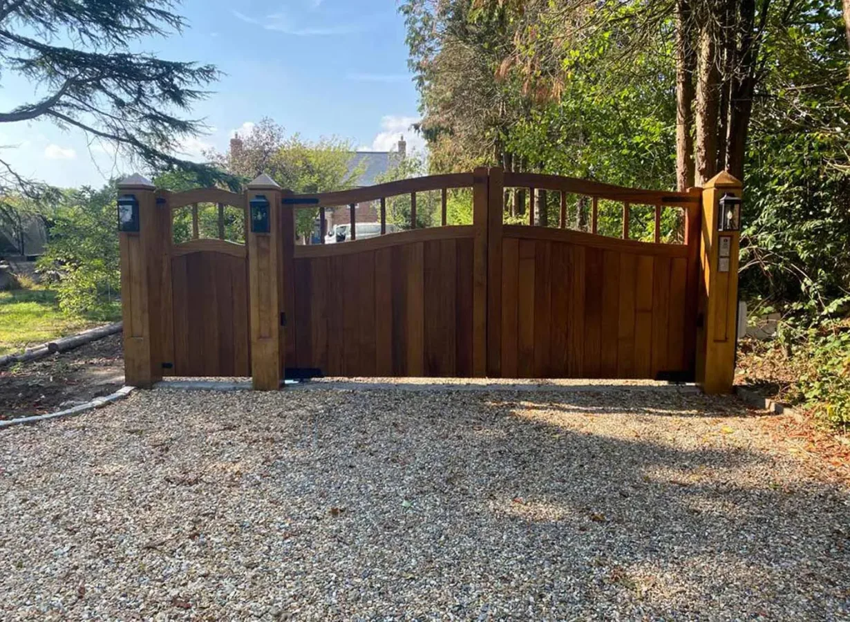 Iroko Double Swan Neck Gates — Buxted